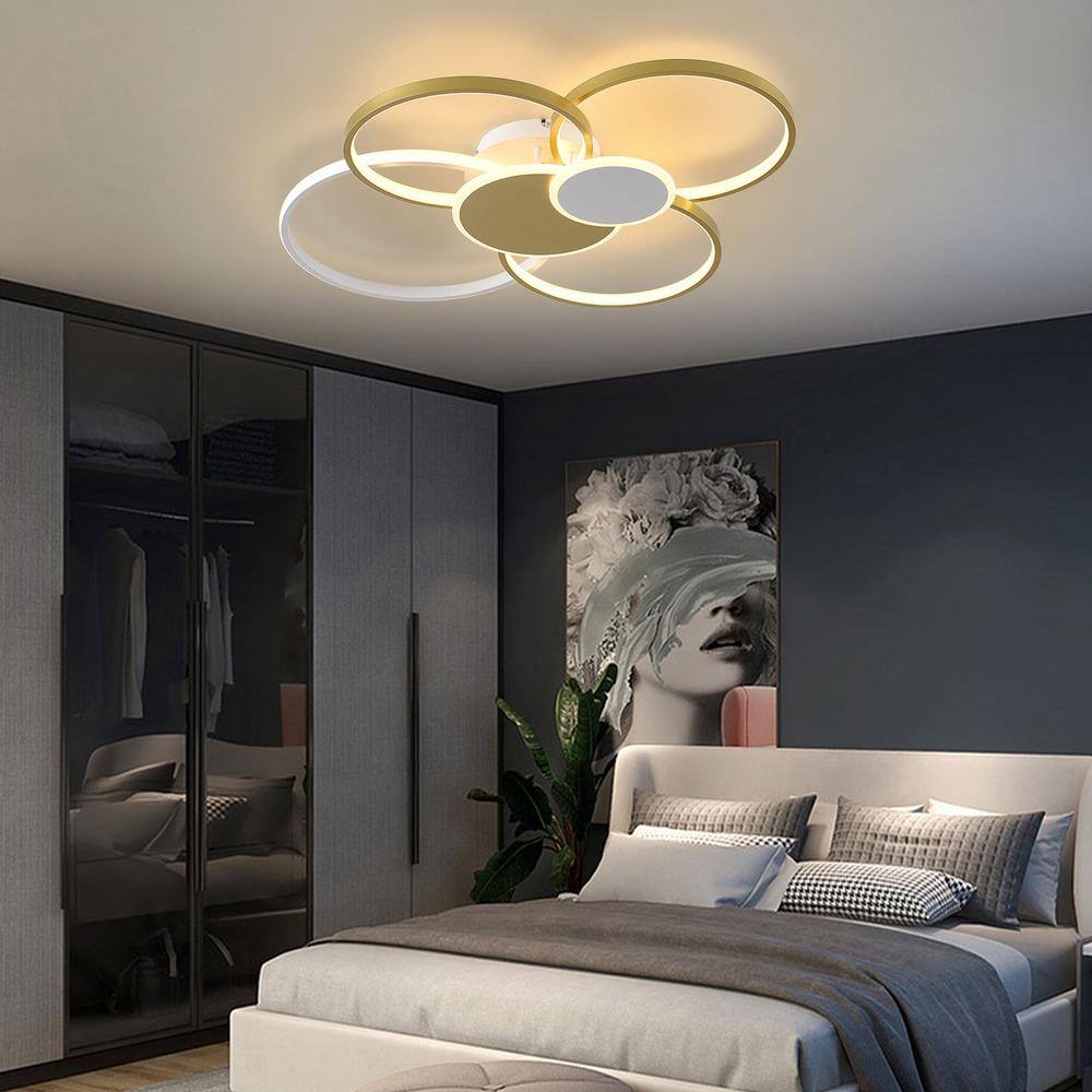31.5 in. Gold Modern 6-Ring Flush Mount Dimmable LED Ceiling Light with Remote and Integrated LED Light Source Included - Hercitys