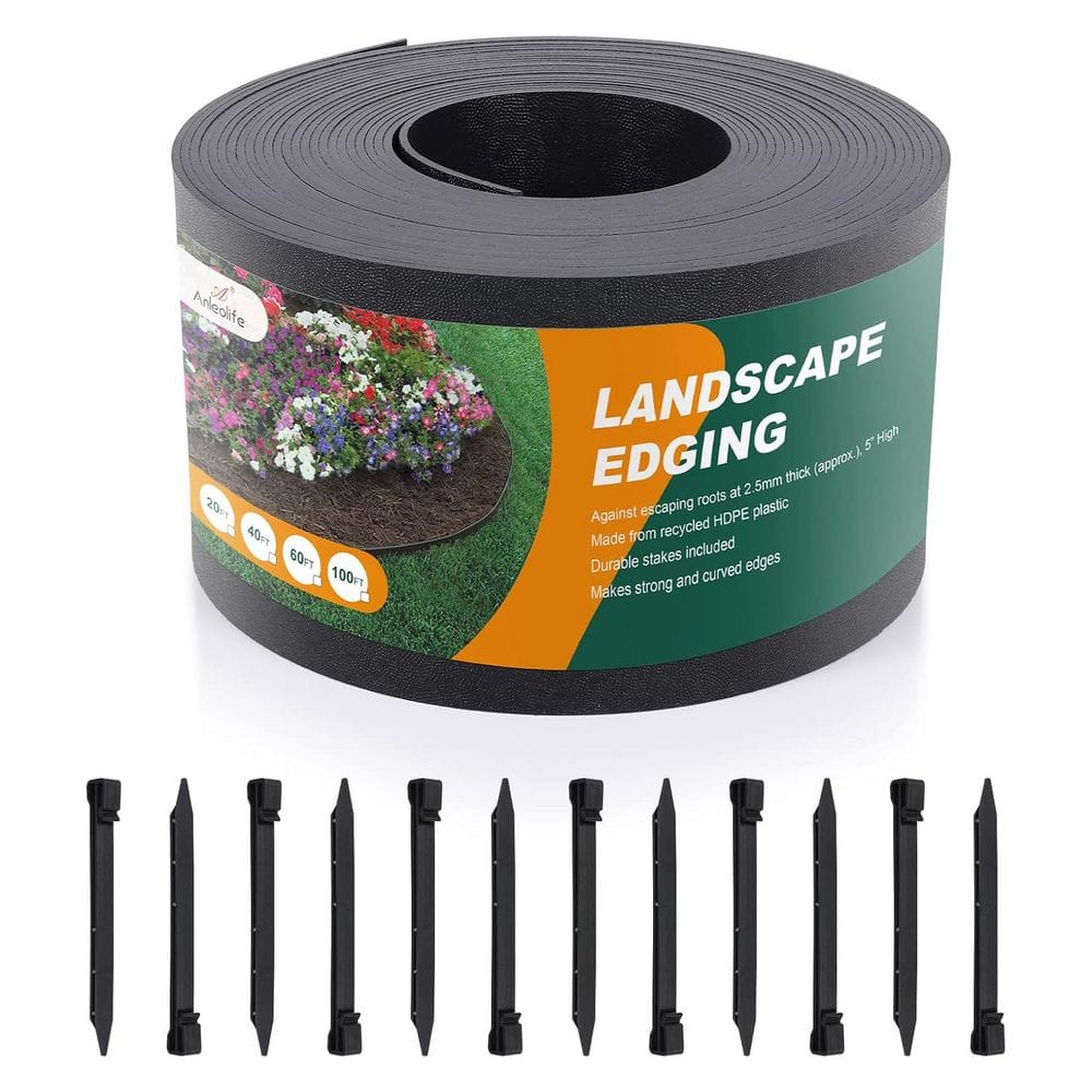 40 ft. x 0.1 in. x 5 in. Black Polyethylene Edging with Stakes - Hercitys