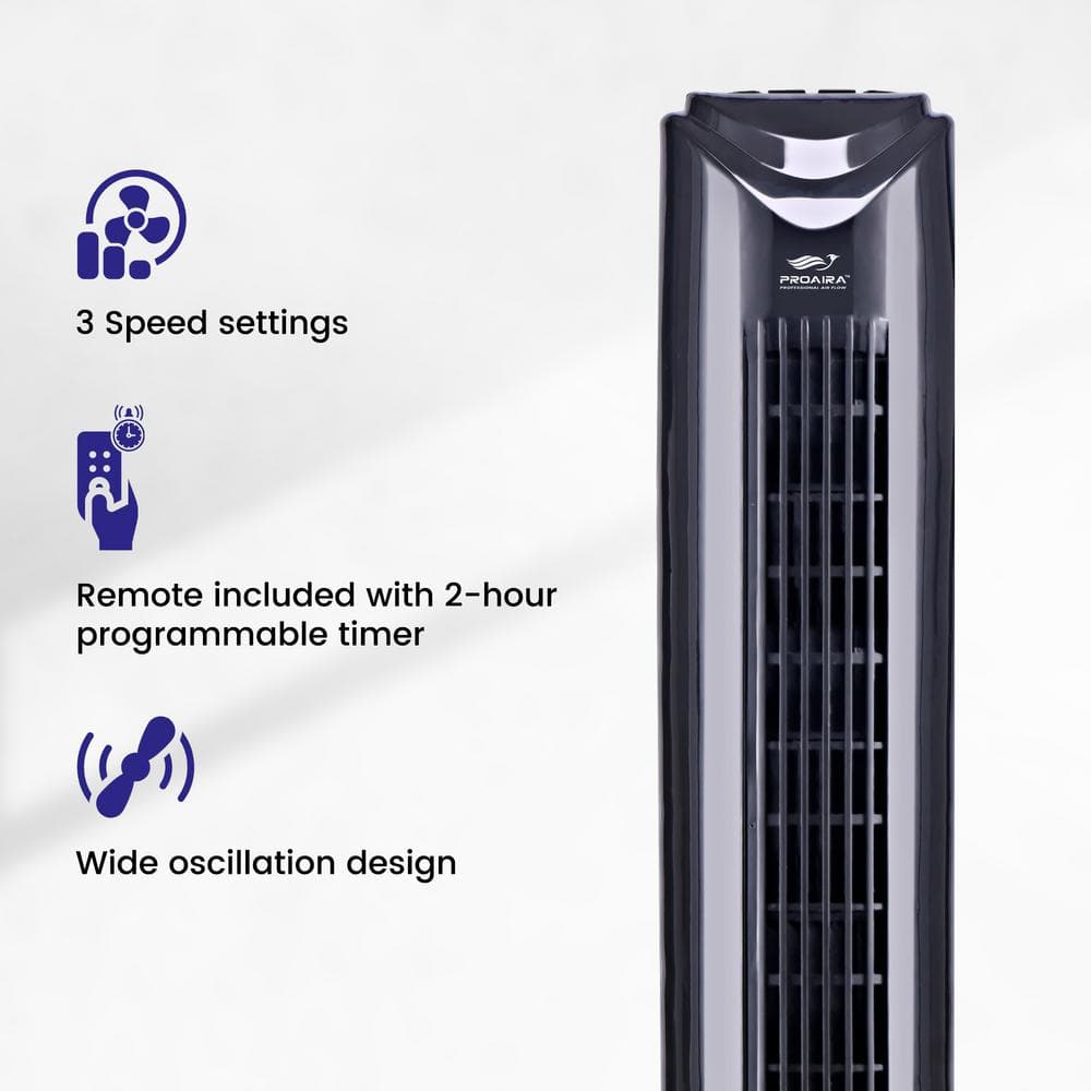 32 in. Oscillating Tower Fan in Black with 3 Speed Control and Remote - Hercitys