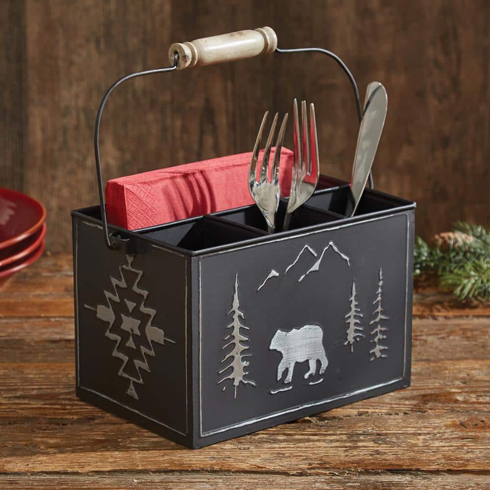 10 in. H x 8 in. W x 5.5 in. D Black Bear Rustic Metal Utensil Caddy - Hercitys