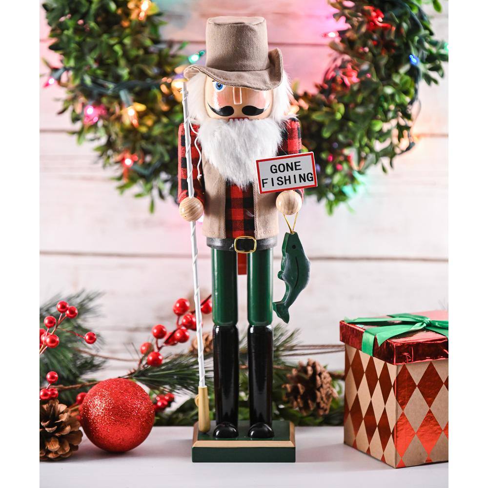 15 in. Wooden Christmas Fisher Man Nutcracker – Red and Green Fisherman Nutcracker with Fishing Rod and Fish in Hand - Hercitys