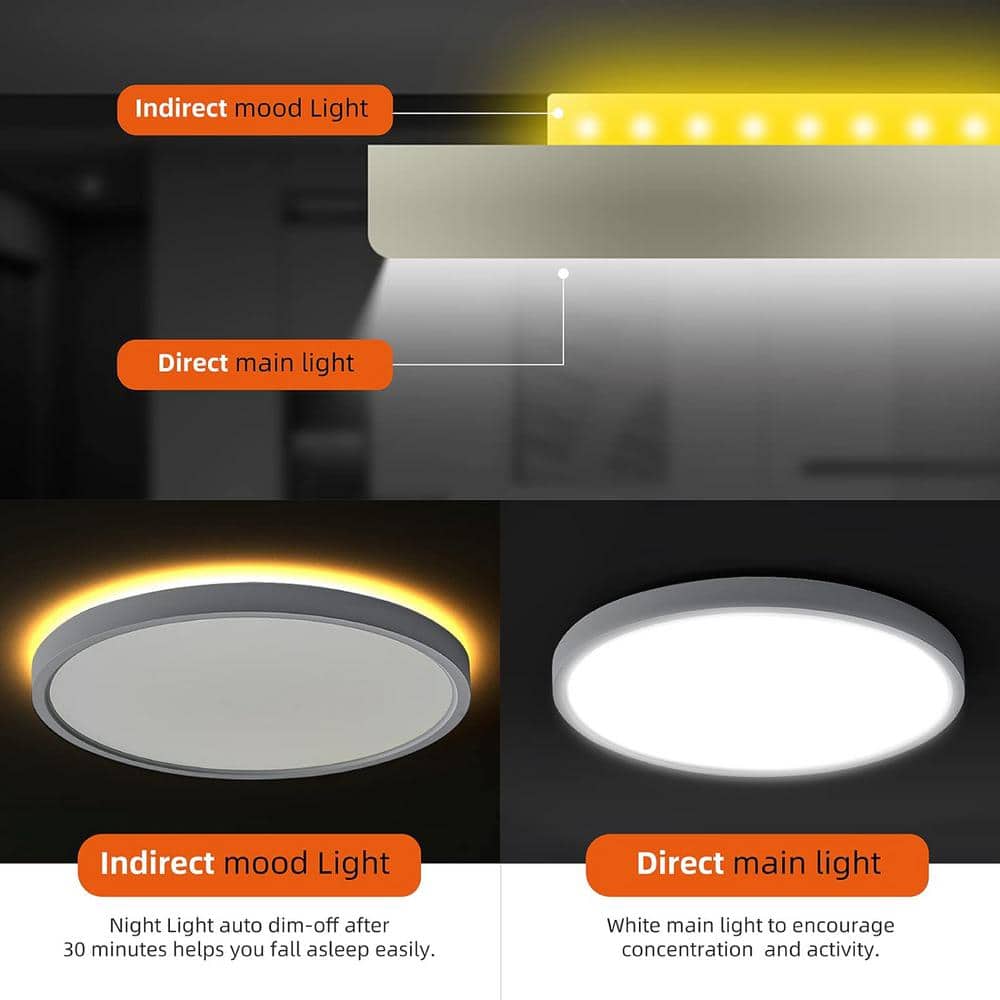 12 in. White Dimmable LED Flush Mount Ceiling Light 3000-6500K with Remote and Nightlight Warm White, No Bulb Included - Hercitys