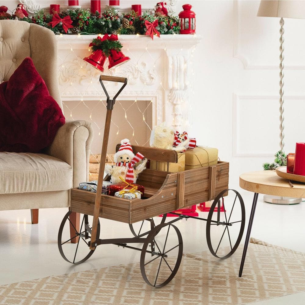 24.5 in. L x 13.5 in. W x 24 in. H Brown Solid Wood Wheelbarrow Planter Box, Raised Beds - Hercitys