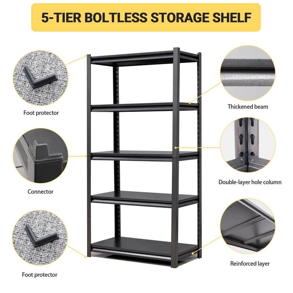 5-Tier Metal Heavy Duty Household shelving Unit in Black (31.5 in. W x 63 in. H x 15.7 in. D) - Hercitys
