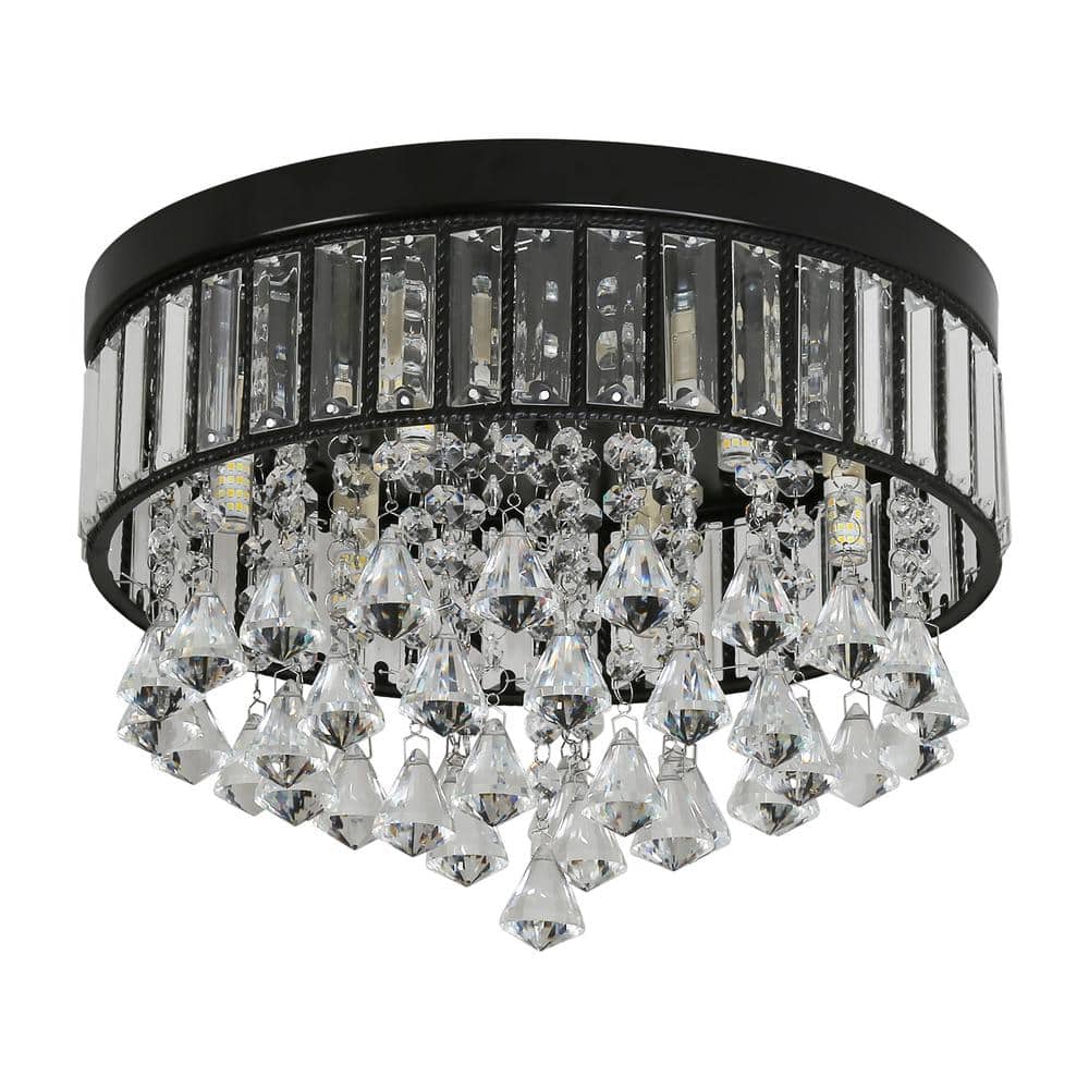 13.77 in. 6-Light Black Modern Round Flush Mount Ceiling Light with Clear Crystal Shade and No Bulbs Included - Hercitys