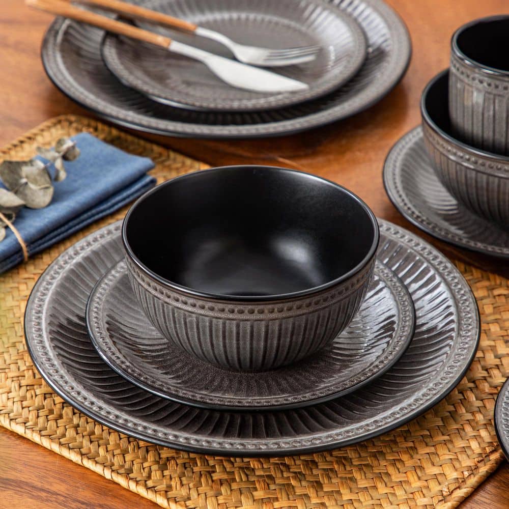 16-Piece Dark Brown Porcelain Dinnerware Set Service for 4-Bowls and Plates Dinner Set Embossed Dots Pattern Tableware - Hercitys