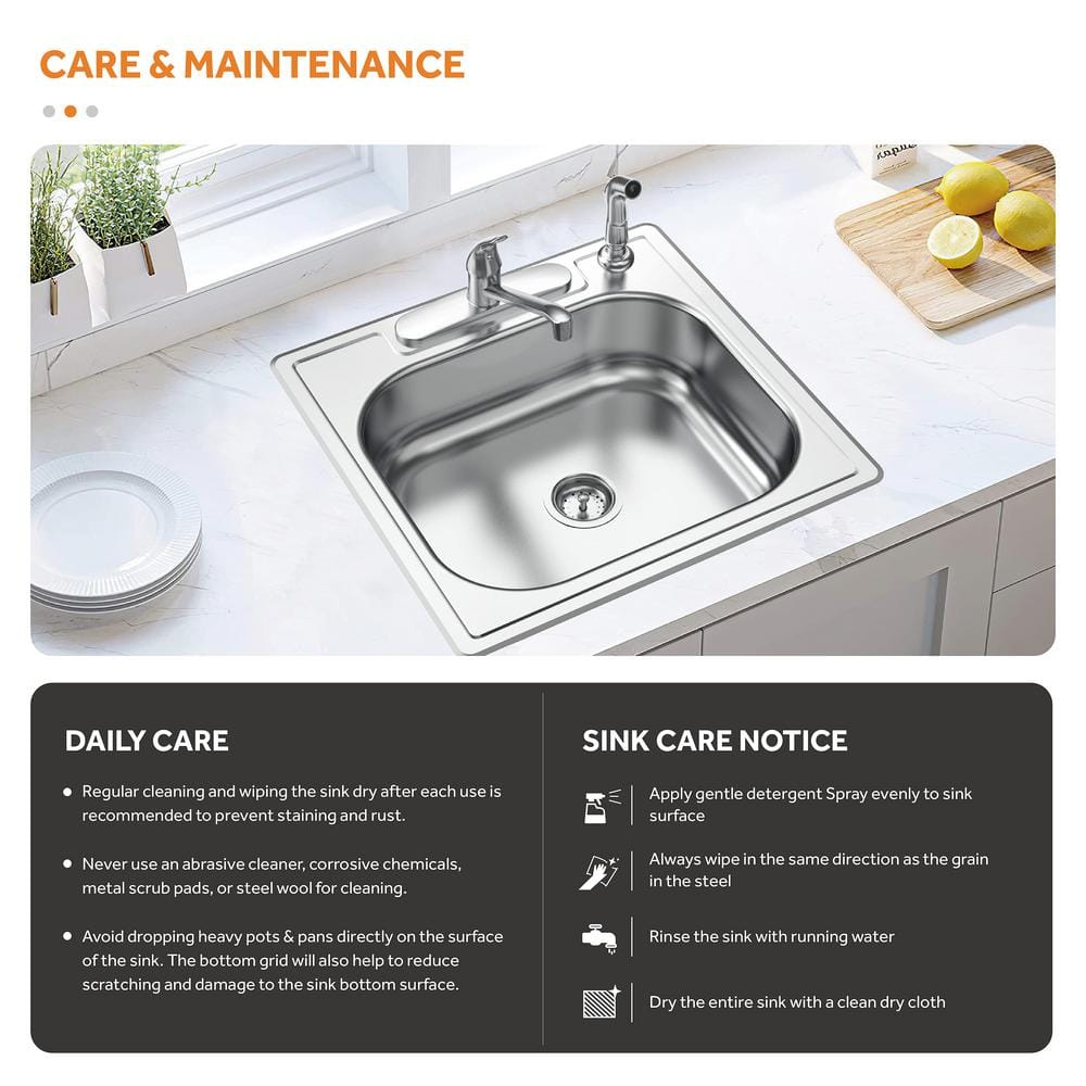 25 in. Drop-in Single Bowl 22 Gauge Stainless Steel Kitchen Sink - Hercitys