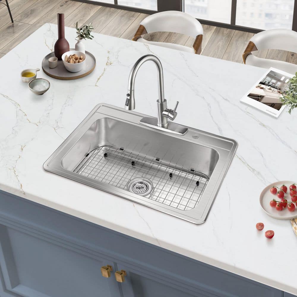 33 in. Drop-In Single Bowl 20-Gauge Stainless Steel Kitchen Sink with Bottom Grid - Hercitys