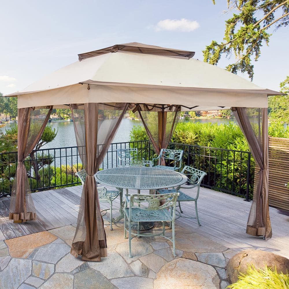 11 ft. x 11 ft. Beige Steel Pop-Up Gazebo with Mosquito Netting - Hercitys