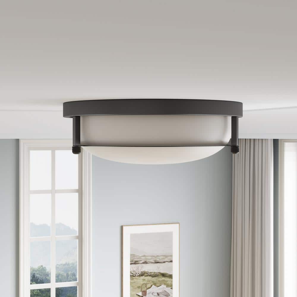 13 in. 2-Light Industrial Black Flush Mount Farmhouse Close to Ceiling Light Fixture with White Glass Shade - Hercitys