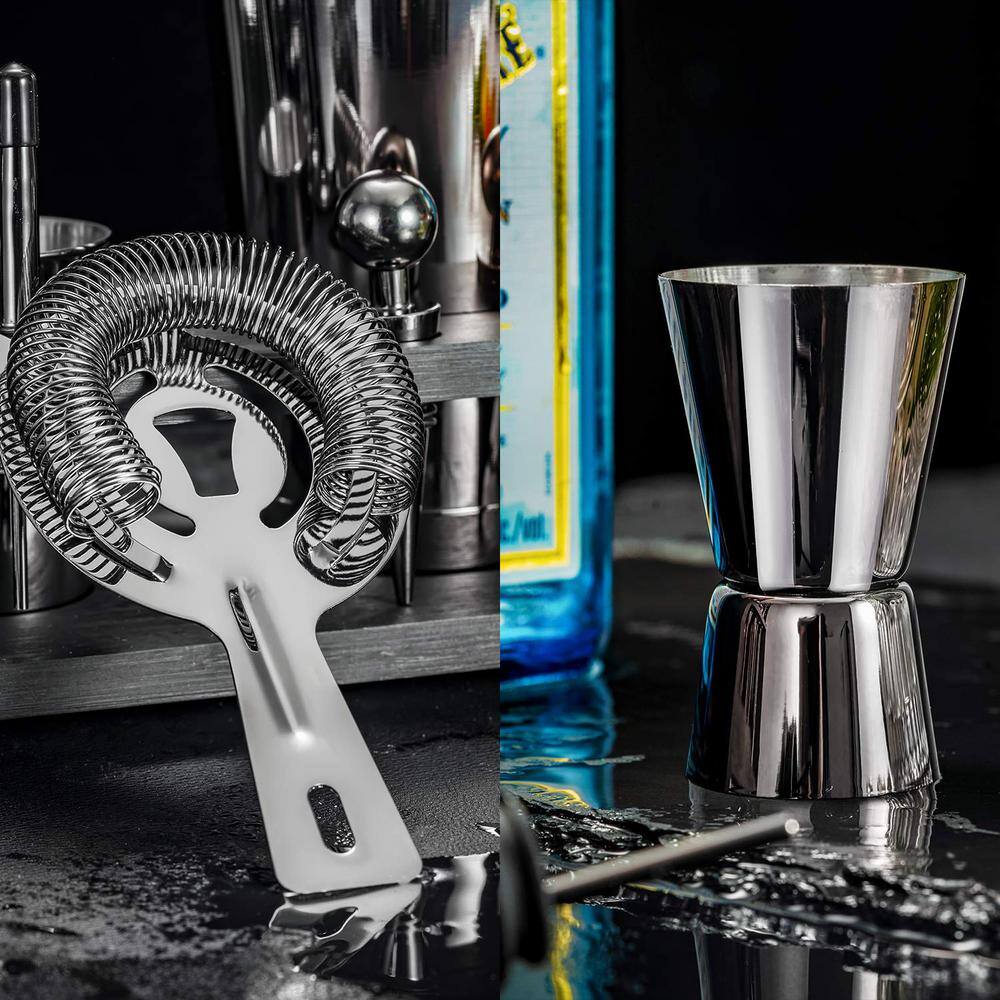 18 oz. and 28 oz. Black 24-Piece Stainless Steel Cocktail Shaker Set with Stand, Velvet Carry Bag and Recipes Cards - Hercitys