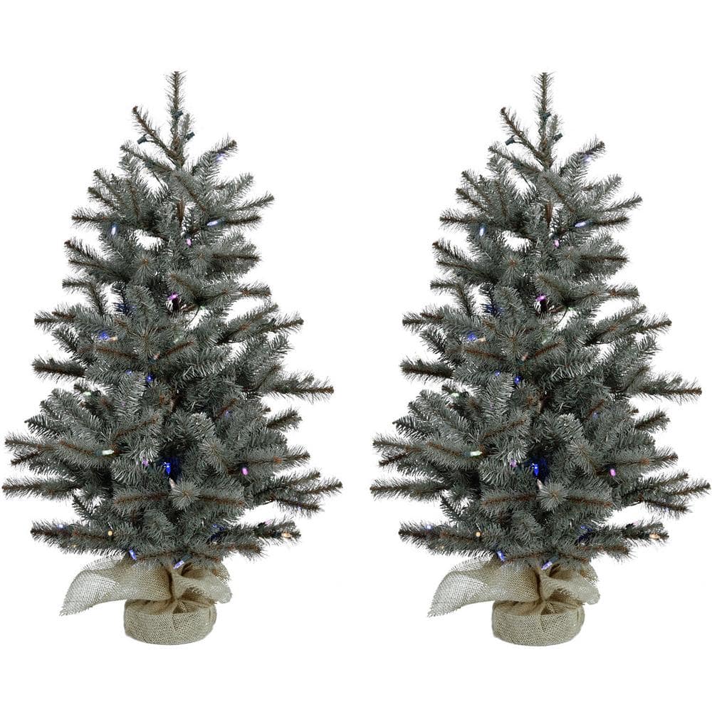4 ft. Yardville Pine Artificial Christmas Porch Tree with Rustic Burlap Base and Multi-Color LED Lights (Set of 2) - Hercitys
