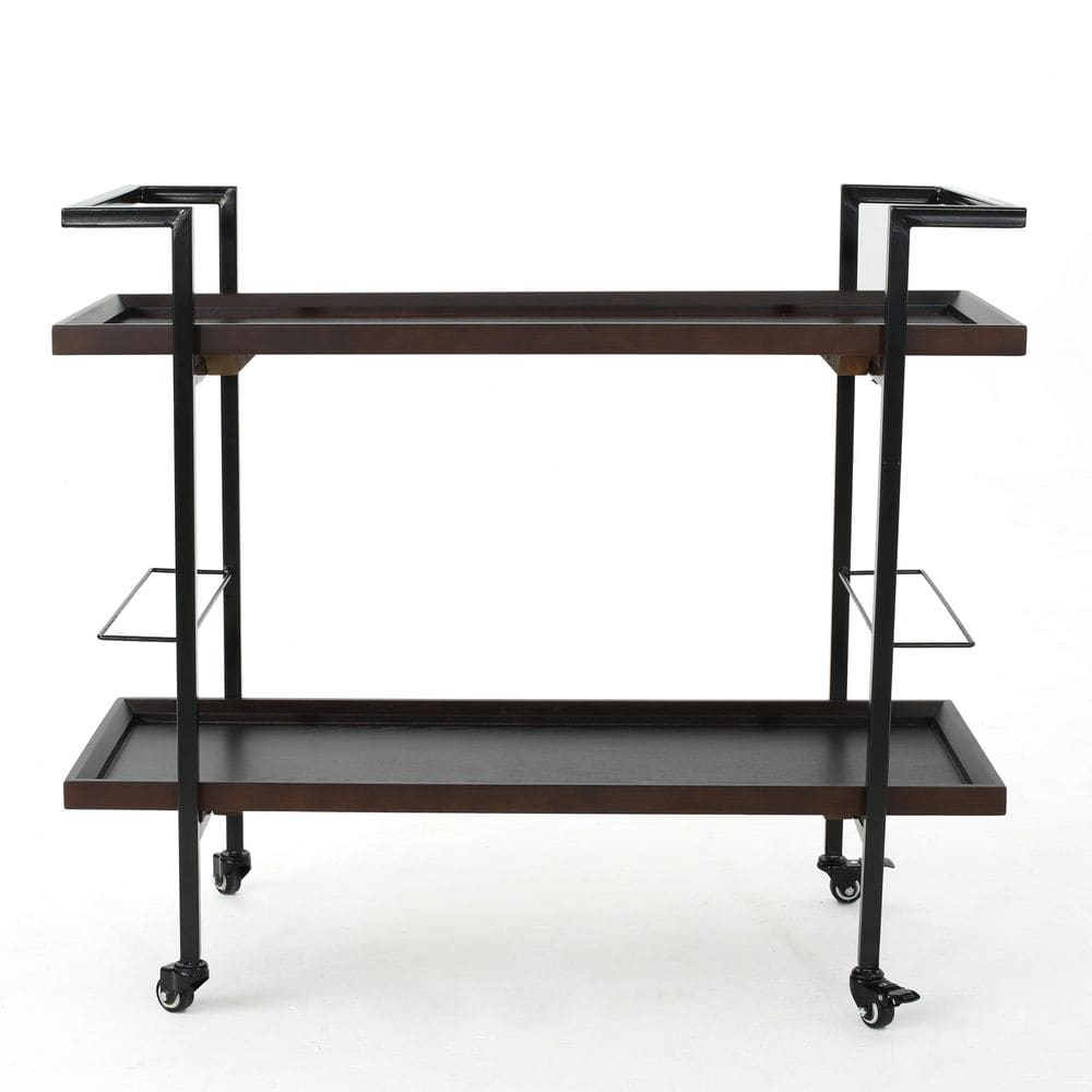 38 in. W x 33 in. H Industrial Walnut Wood Kitchen Cart, Rolling Bar Cart with Wine Rack, Tray Shelves and Metal Frame - Hercitys