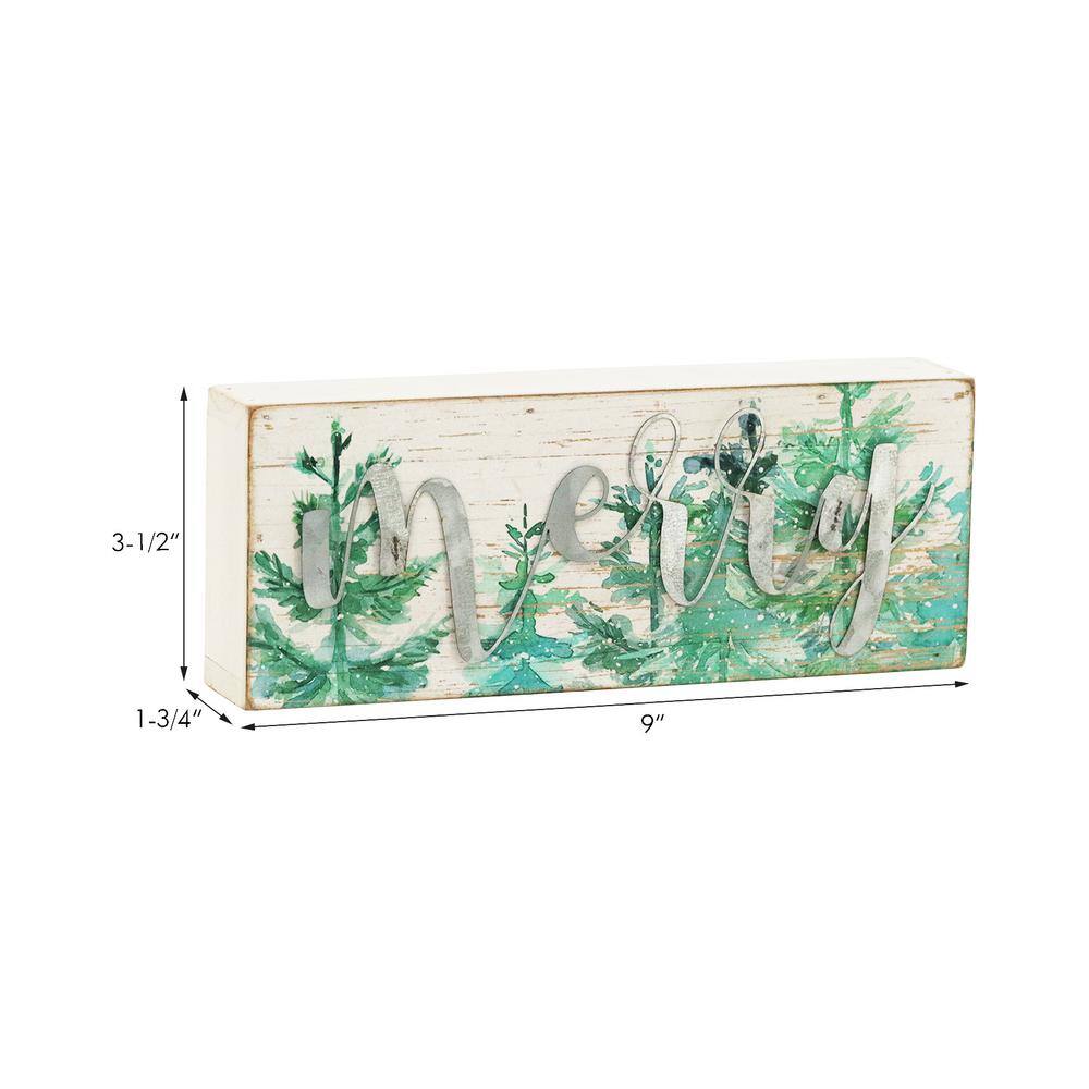 3.5 in. White Green Wood Christmas Tabletop Sign with Galvanized Metal Letters – Merry - Hercitys