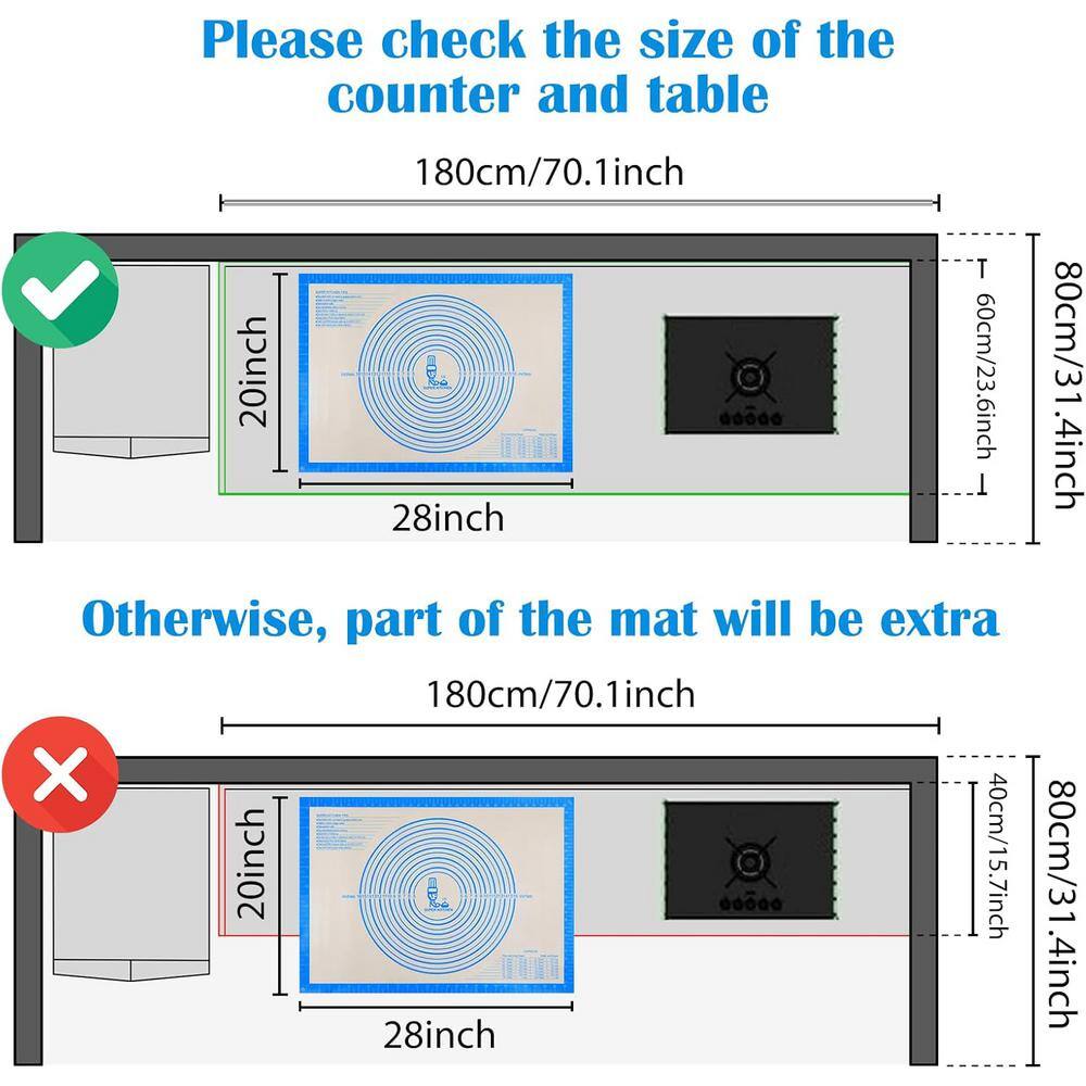 28 in. x 20 in. Nonstick Silicone Pastry Blue Baking Mat with Measurements Counter/Dough Rolling/Fondant/Pie Crust Mat - Hercitys