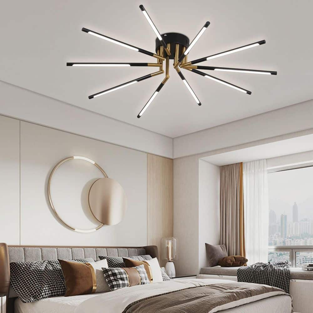 33.46 in. 10-Light Black and Gold Modern Linear Dimmable Selectable LED Semi-Flush Mount Ceiling Light with Remote - Hercitys