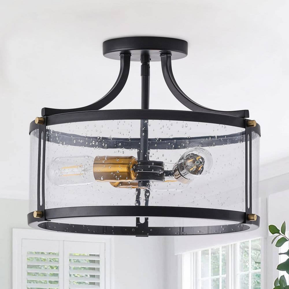 15.7 in. 3-Light Industrial Black Semi-Flush Mount Ceiling Light with Seeded Glass Shade - Hercitys