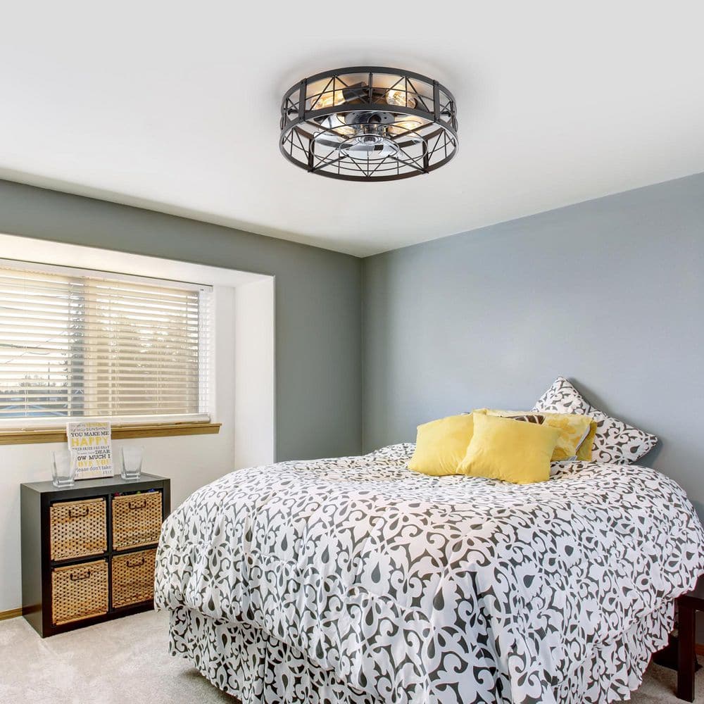 20 in. Indoor Matte Black Enclosed Flush Mount Ceiling Fan with Metal Light Kit and Remote Control Included - Hercitys