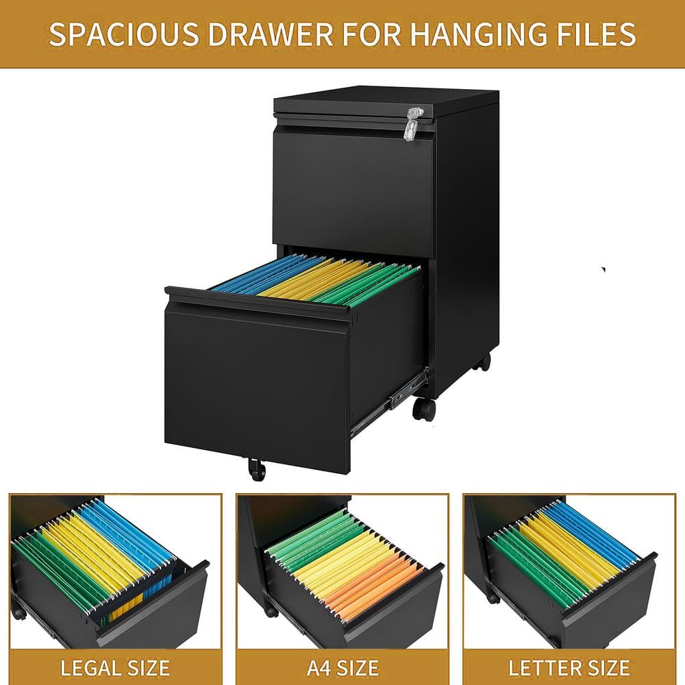14.57 in. W x 26.18 in. H x 17.32 in. D Black Freestanding Cabinet 2 Drawer Mobile Filling Cabinet with Lock and Wheels - Hercitys