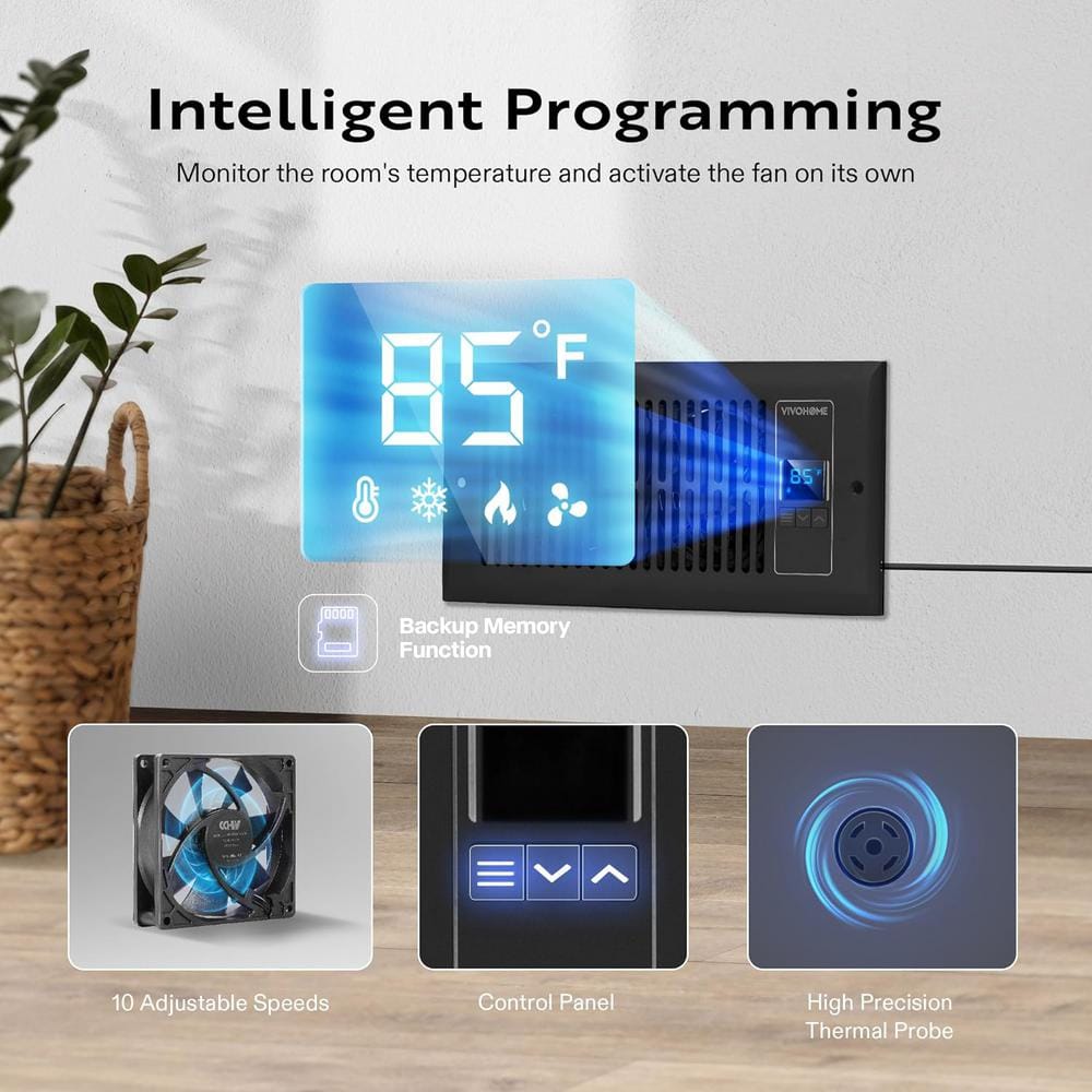 120 CFM Wall Mounted Quiet Smart Register Booster Fan with Thermostat Control in Black - Hercitys