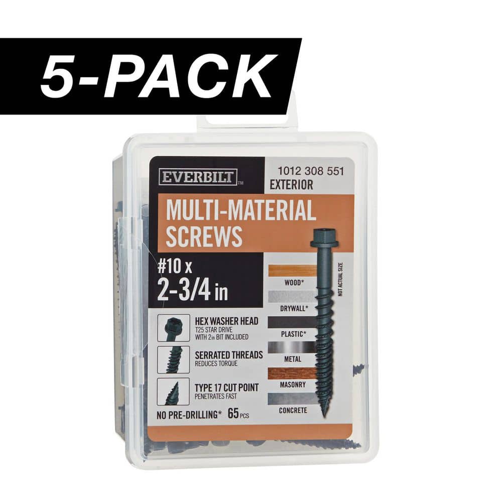 5-Pack #10 x 2-3/4 in. Black 6-Lobe Drive Exterior Washer Hex Head Multi-Material Screw (5 lbs. / 325-Piece ) - Hercitys
