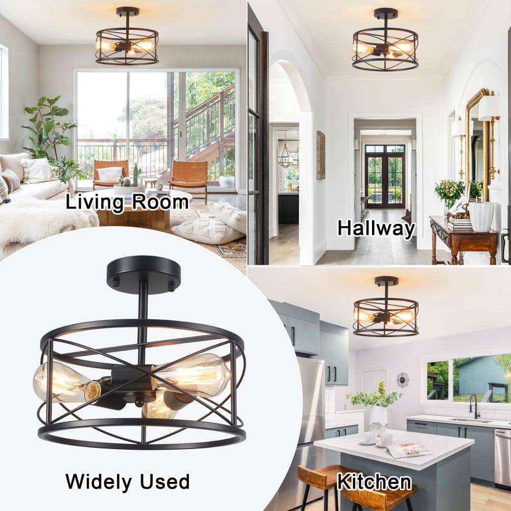 12.6 in. 3-Light Black Semi Flush Mount Ceiling Light Fixture with Metal Cage and No Bulbs Included - Hercitys