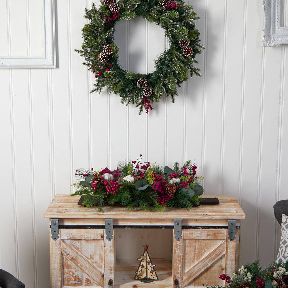 24 in. Unlit Holiday Berries, Pinecones and Eucalyptus Christmas Artificial Arrangement Cutting Board Table Arrangement - Hercitys