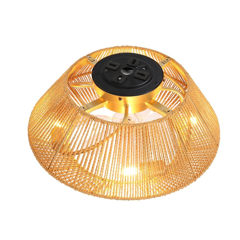 18.5 in. 4-Light Bohemian Antique Gold Drum Semi-Flush Mount with Natural Jute Rope Shade - Hercitys