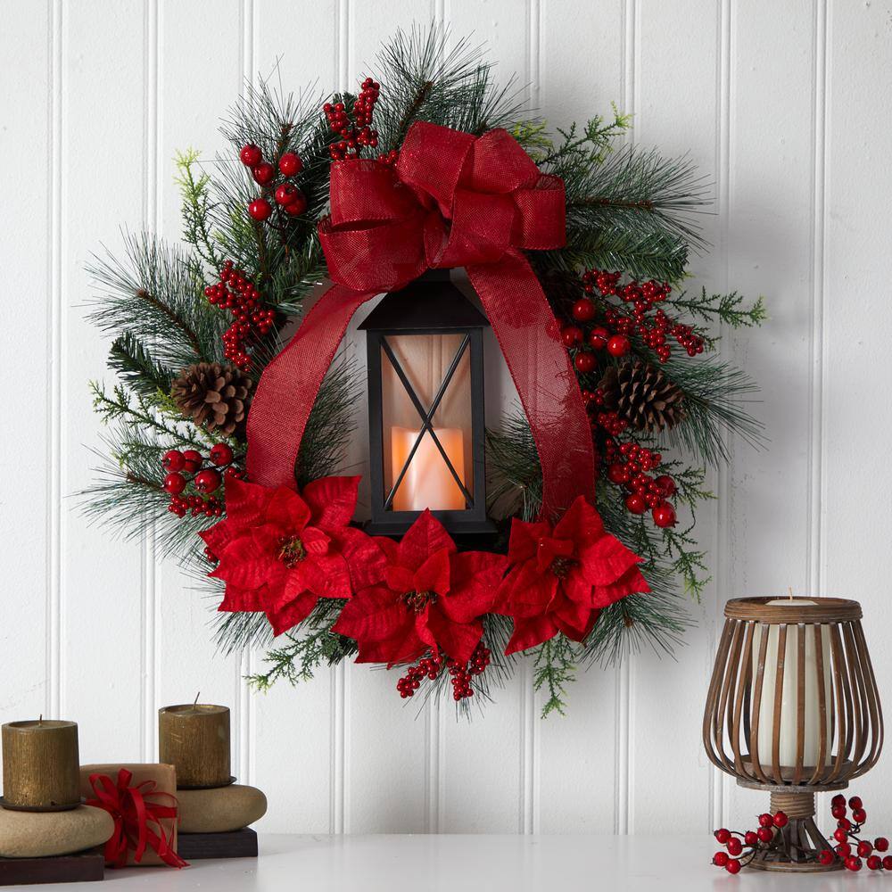 28 in. Red Pre-Lit Poinsettia and Berry Holiday Lantern Artificial Christmas Wreath with LED Candle - Hercitys