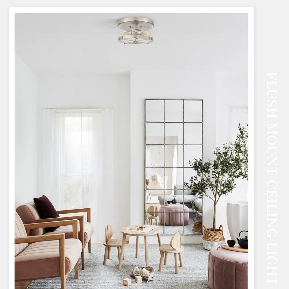 11.8 in. 2-Light Nickel Flush Mount Ceiling Light with Clear Glass Shade - Hercitys