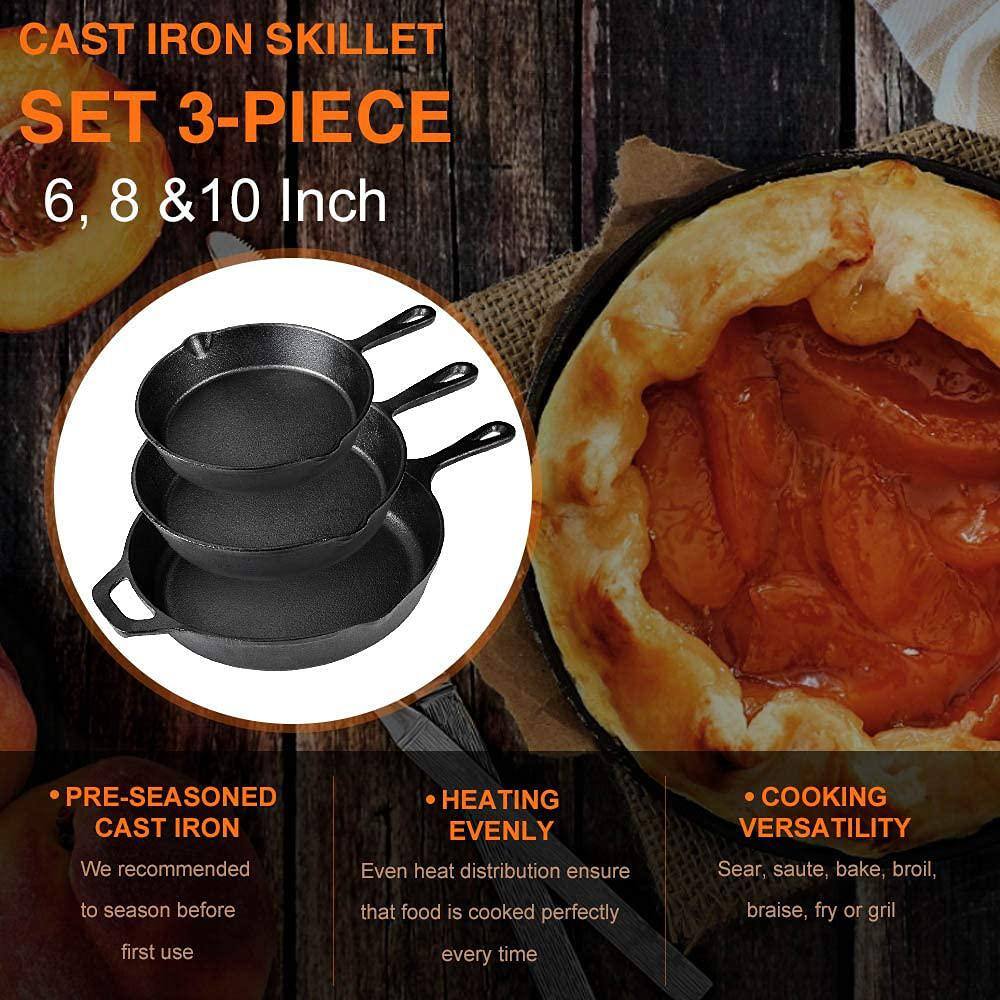 3-Piece Black Cast Iron Frying Pans Skillet Set of 3 : 6″, 8″ & 10″ with 3 Heat-Resistant Holders & Oil Brush - Hercitys