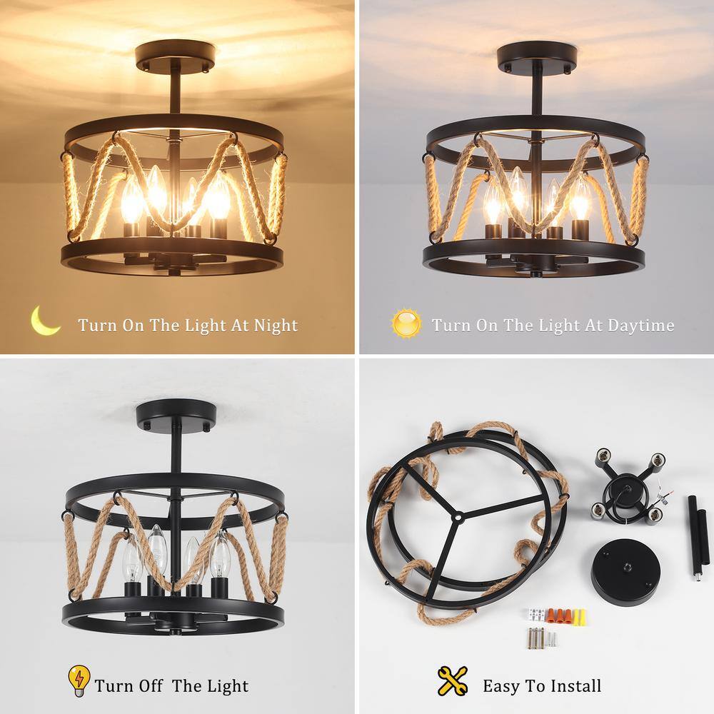 13 in. 4-Light Hemp Rope Black Semi- Flush Mount with No Bulbs Included - Hercitys