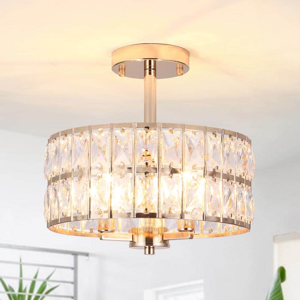 12.59 in. 3-Light Chrome Round Drum Semi-Flush Mount Ceiling Light with Clear Crystal and No Bulbs Included - Hercitys