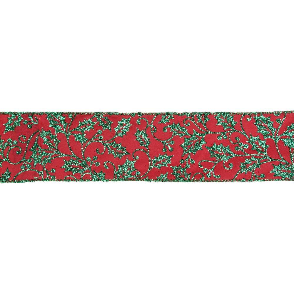 2.5 in. x 16 yds. Sparkly Red and Green Holly Wired Craft Ribbon - Hercitys