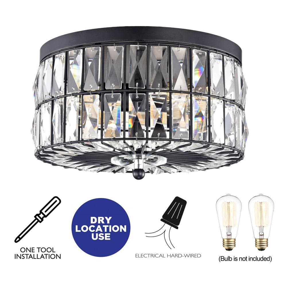11.75 in. 2-Light Black Ceiling Flush Mount Light with Crystal Glass - Hercitys