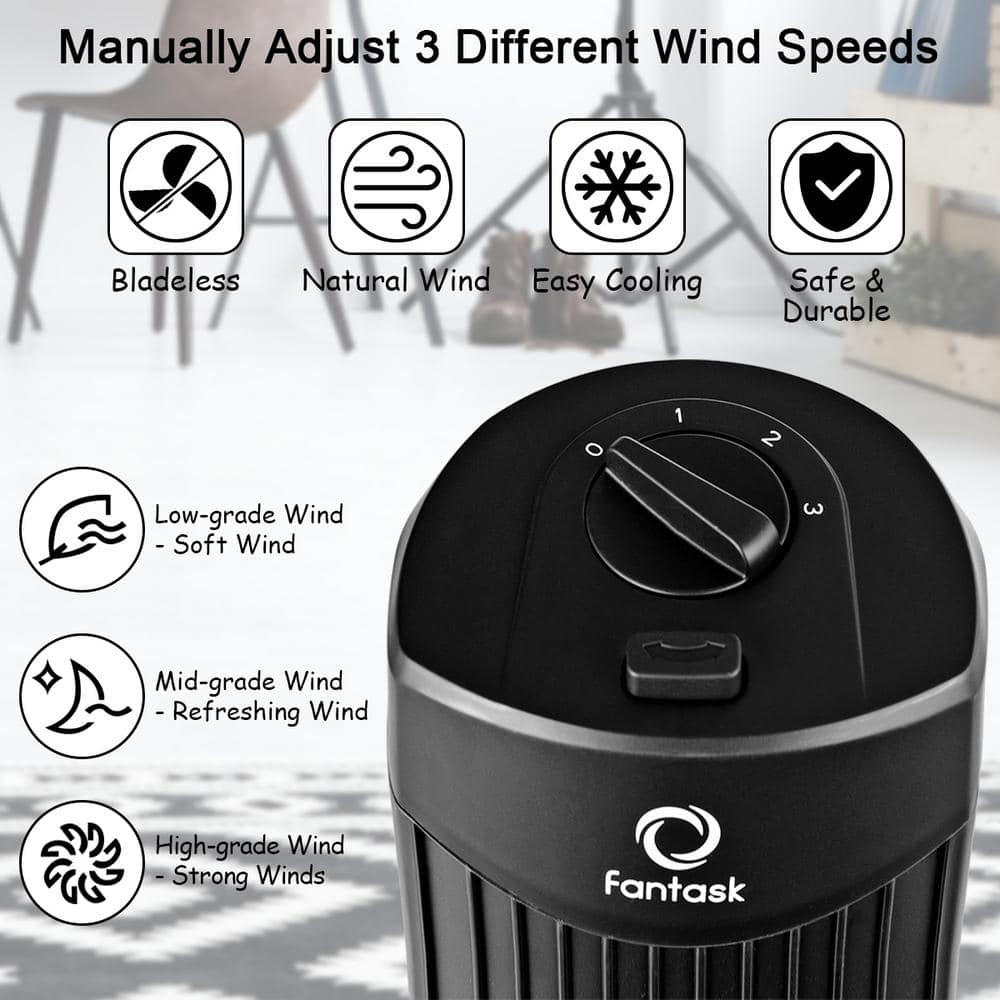 35-Watt Black 28 in. Oscillating Tower Fan with 3-Wind Speeds Quiet Bladeless - Hercitys