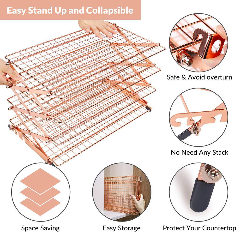 4-Tier RoseGold Collapsible Cooling Rack with Adjustable 3 Setting, Stackable Roasting Cooking Drying Wire Cooling Rack - Hercitys