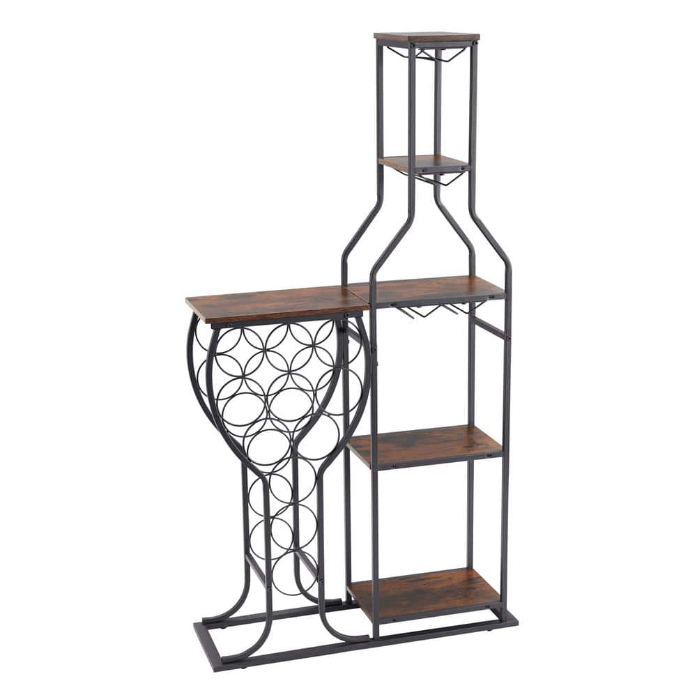 5-Tier Freestanding Wine Rack with Hanging Wine Glass Holder and Storage Shelves in Brown for Kitchen, Dining Room - Hercitys