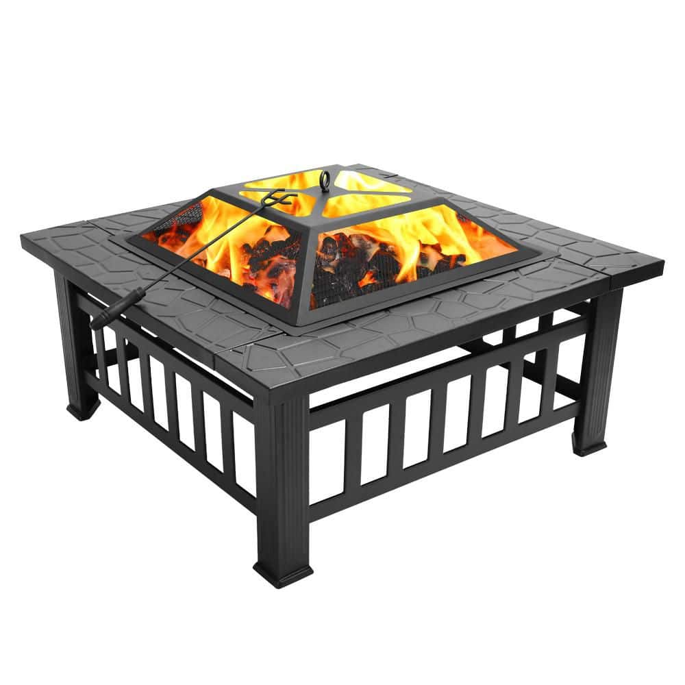 32 in. Square Metal Fire Pit Table with Steel Construction in Black, Outdoor Firepit Stove with Flame Cut-out Pattern - Hercitys