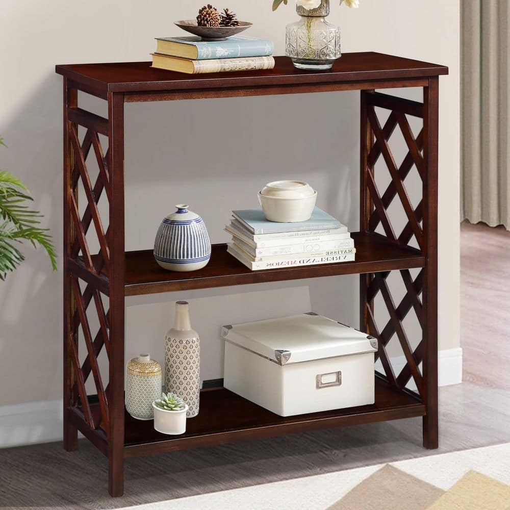 3-Tier Kitchen Pantry with Storage Shelves, Console Table, Open Bookshelf with Solid Wood Legs for Living Room, Cherry - Hercitys