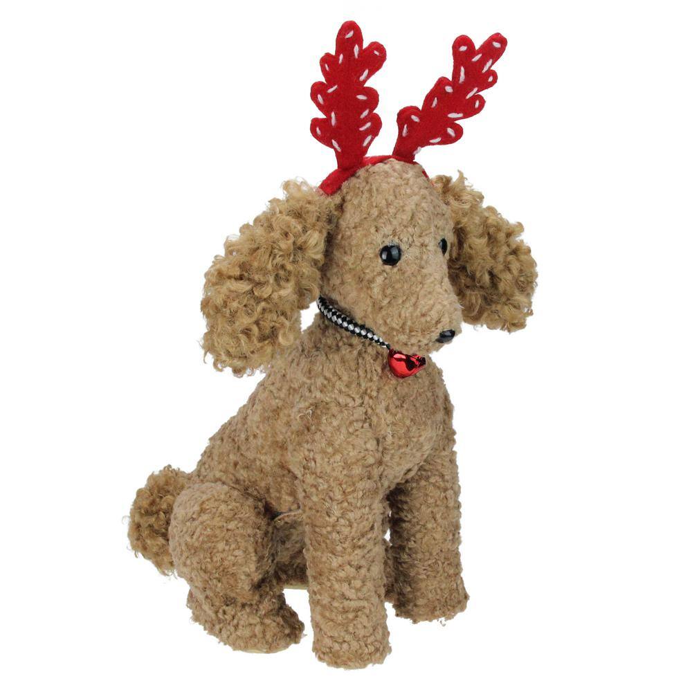 15.5 in. Plush Tan Bichon Fris Puppy Dog with Red Antlers Christmas Decoration - Hercitys