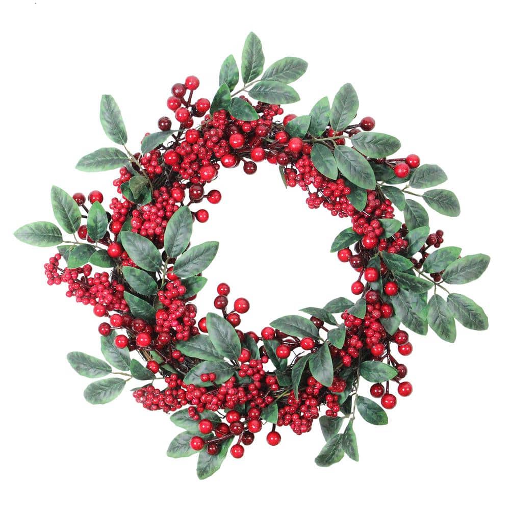 18 in. Unlit Lush Red Berry and Deep Green Leaf Decorative Artificial Christmas Wreath - Hercitys