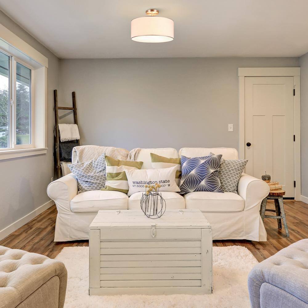 18 in. 3-Light Brushed Nickel Semi-Flush Mount with White Fabric Drum Shade - Hercitys