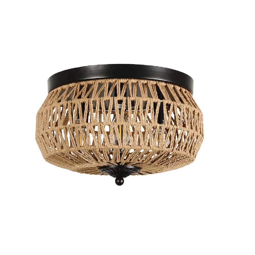 12.6 in. 3-Light Brown Woven Rattan Flush Mount Ceiling Light with Hand-Worked Cage Shade and No Bulbs Included - Hercitys