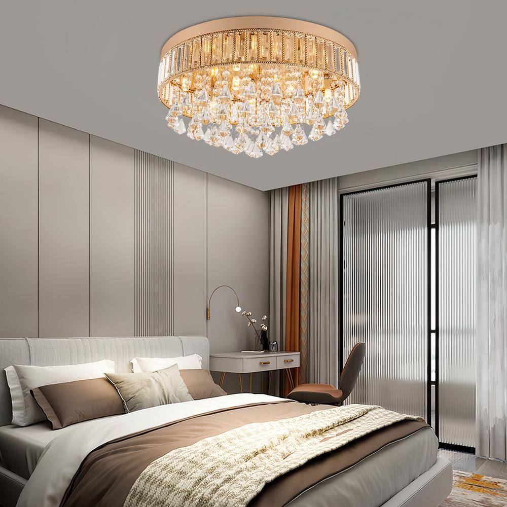 19.68 in. 9-Light Gold Modern Round Flush Mount Ceiling Light with Clear Crystal Shade and No Bulbs Included - Hercitys