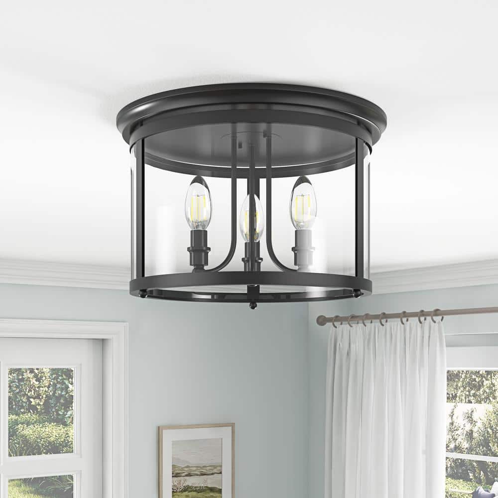 14.37 in. 3-Light Industrial Black Flush Mount Modern Ceiling Lighting Fixture with Clear Glass Shade - Hercitys