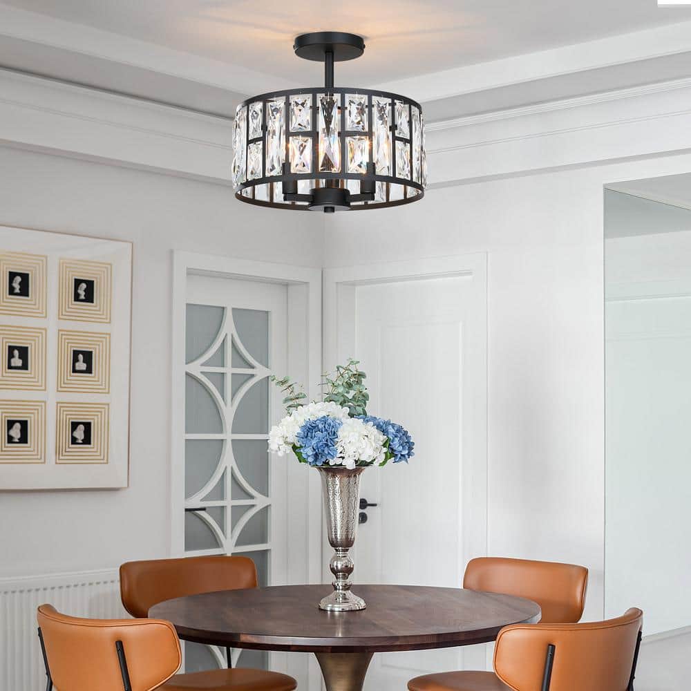 12 in. 3-Light Round Modern Black Drum Semi Flush Mount Ceiling Light with Clear Crystal Glass - Hercitys