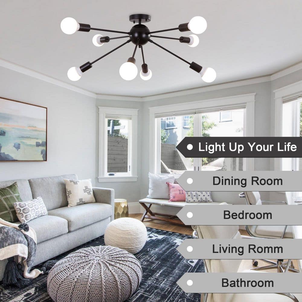 30.11 in. 8-Light Black Modern Linear Semi-Flush Mount with No Bulbs Included - Hercitys