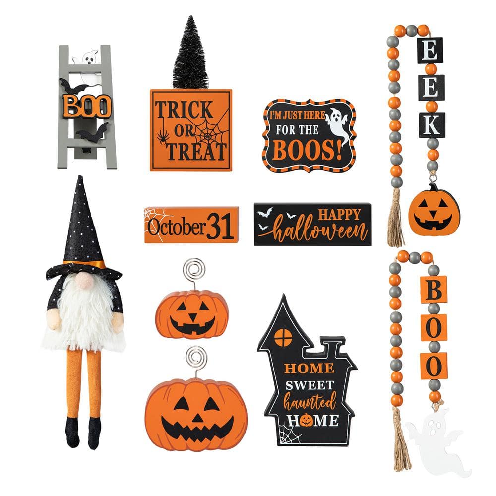 22 in. H Halloween Wooden Word Signs and Fabric Gnome Tiered Tray Set Table Décor (Set of 11) - Hercitys