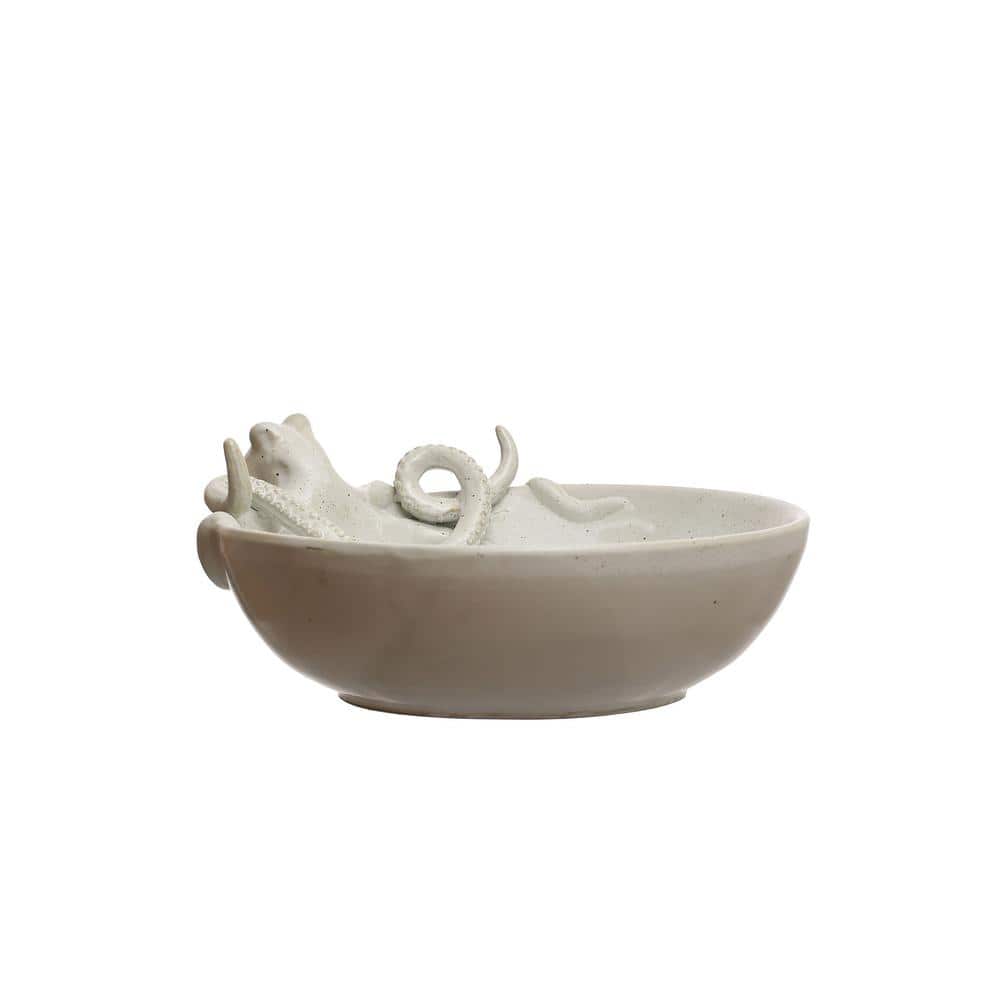 13.75 in. 91.3 fl.oz White Speckled Stoneware Octopus Serving Bowl - Hercitys